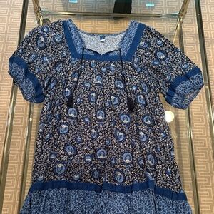 Blue Patterned Short Sleeve Dress